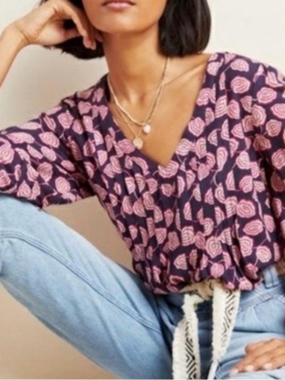 Maeve by Anthropologie Navy Blouse with Pink Rose Print
